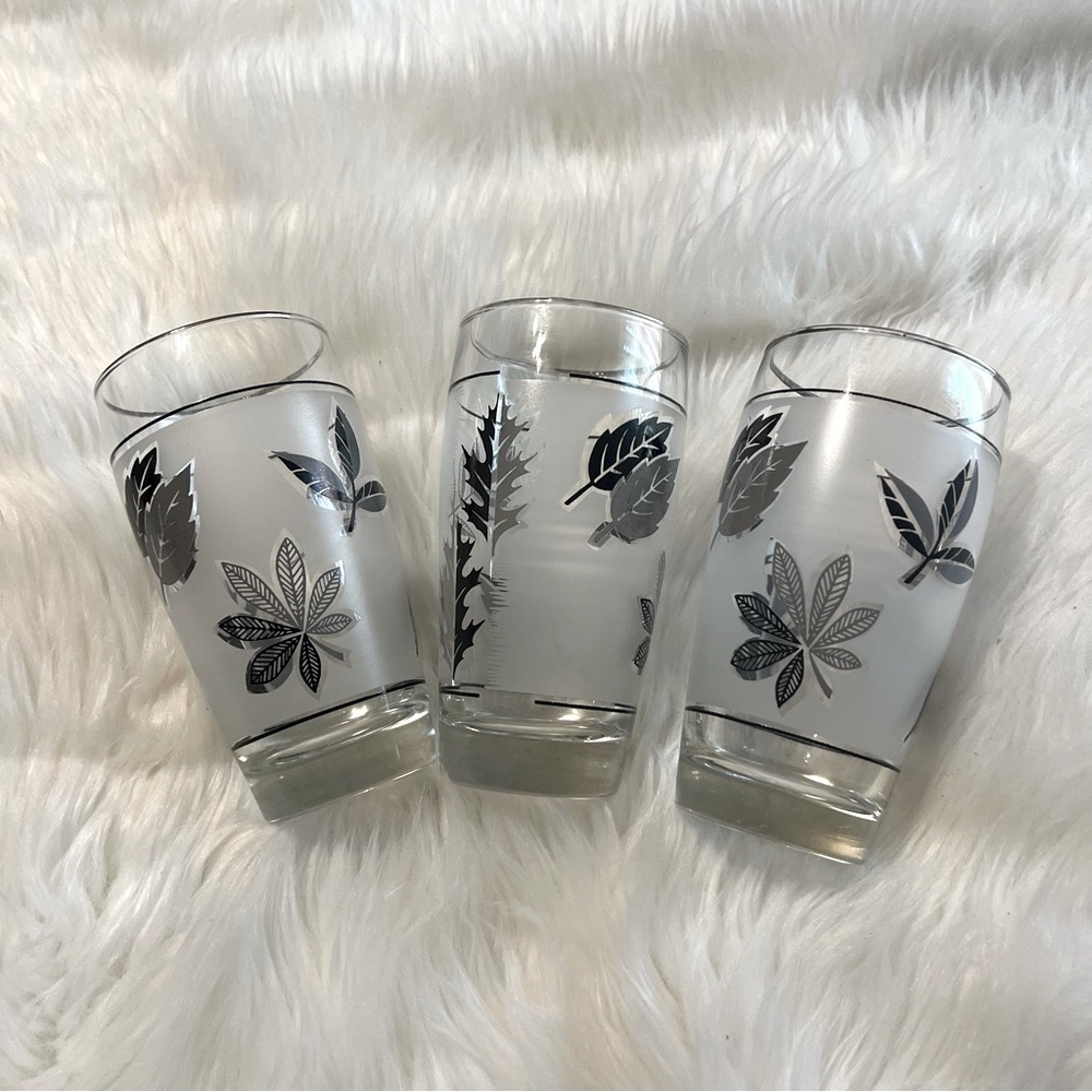 Vtg Libbey Frosted Silver Leaf‎ Juice Water Glasses (Set Of 3)